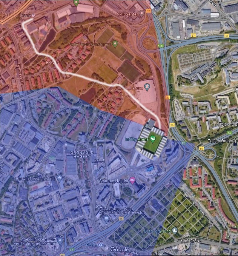 Ankomst fra rød sone for alle TIL-supportere.&nbsp;Trasé fra Hasle T-banestopp til Intility.