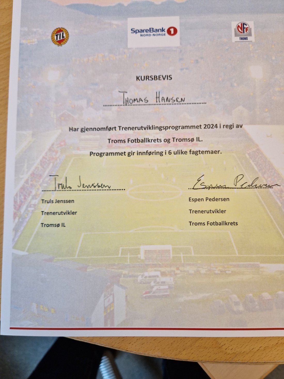 Kursbevis på gjennomført trenerutviklingsprogram