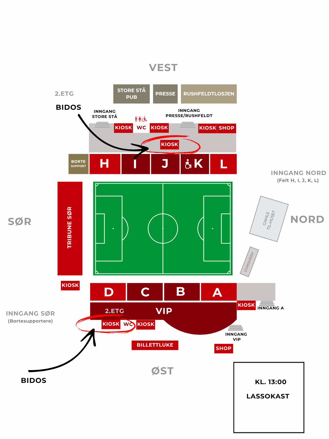 Kart over hvor det serveres bidos og hvor lassokastingen skjer.